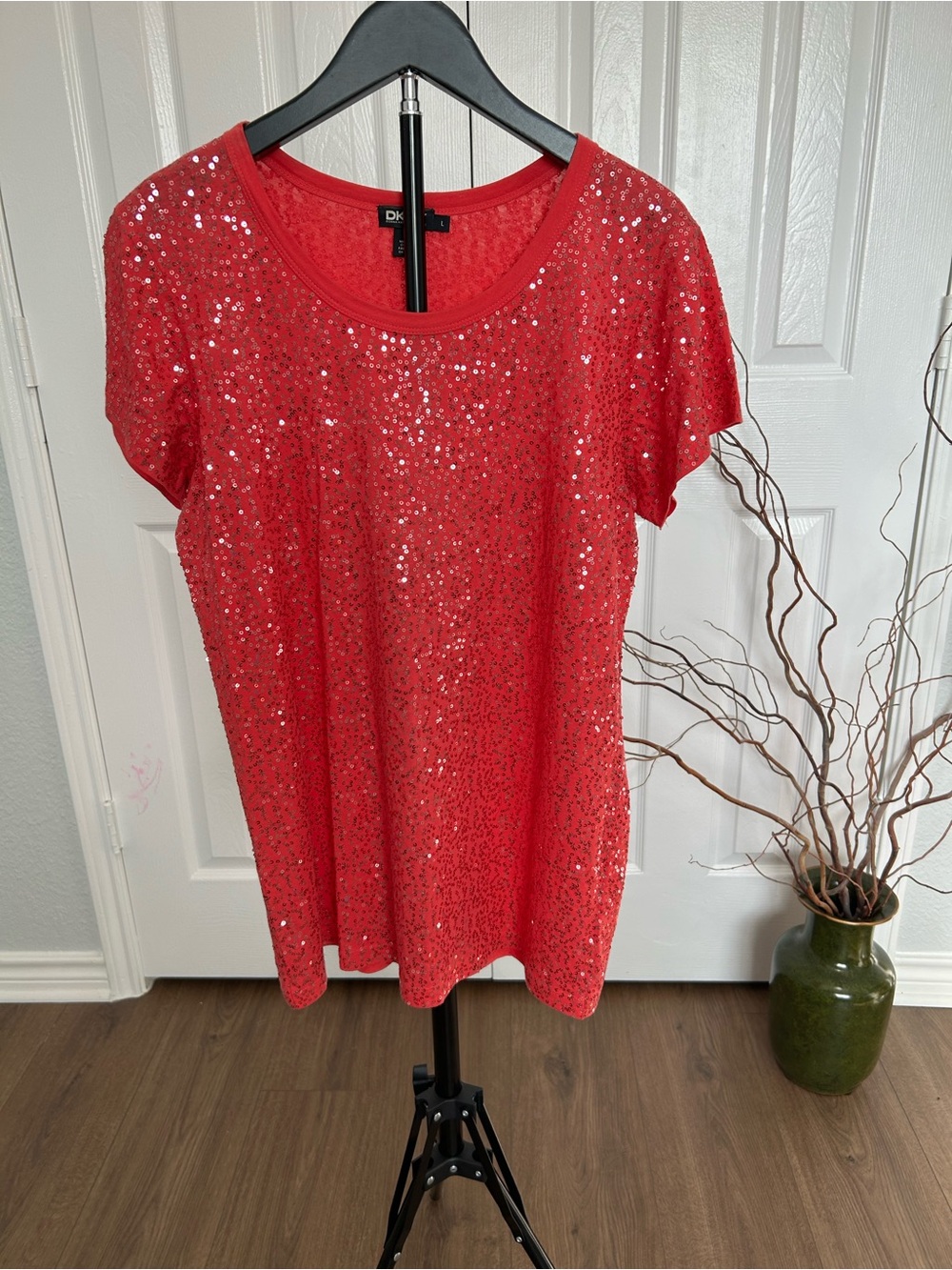 DKNY Coral Pink Sequin Short Sleeve Top Size L
